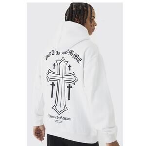 boohoo man Oversized Boxy Cross Print Hoodie White, Mens Small Will Fit Med New!